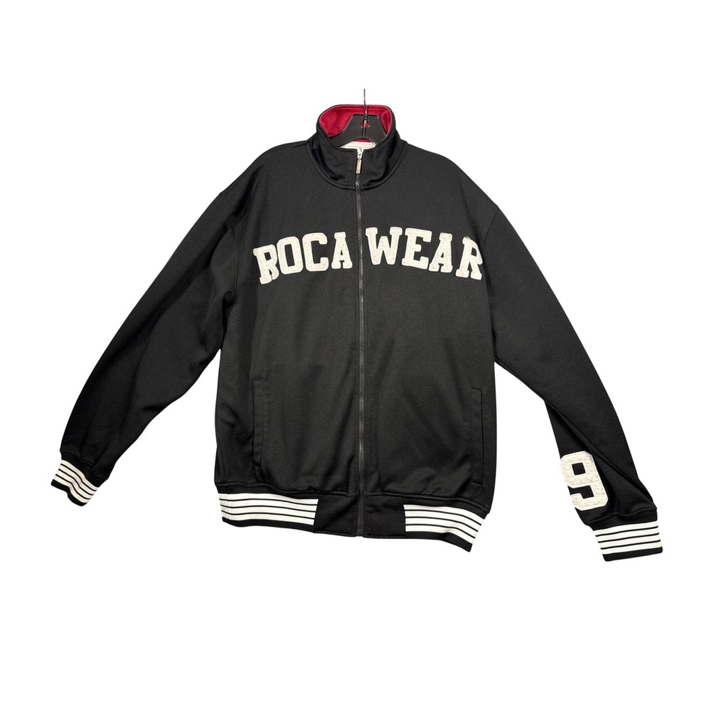 Rocawear Mens Large Black Track Jacket Chenille Logo Zip Up Varsity Streetwear